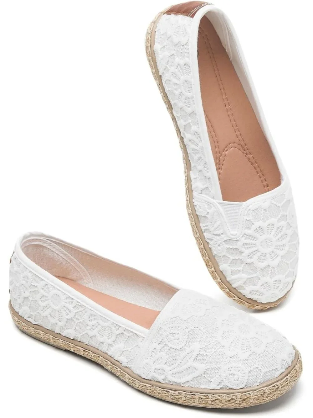 Women's White Rubber Flower Embroidered Comfortable Round Toe Casual Ballet Flat